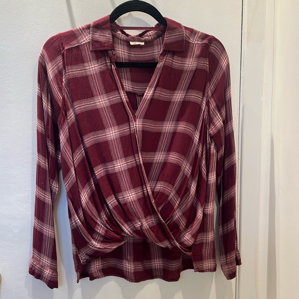 Burgundy and Cream 3/4 Sleeve Wrap Blouse